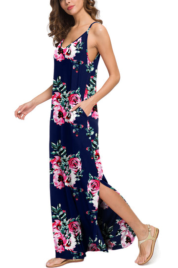 Summer Casual Loose Dress Beach Cover Up Long Cami Maxi Dresses with Pocket Floral